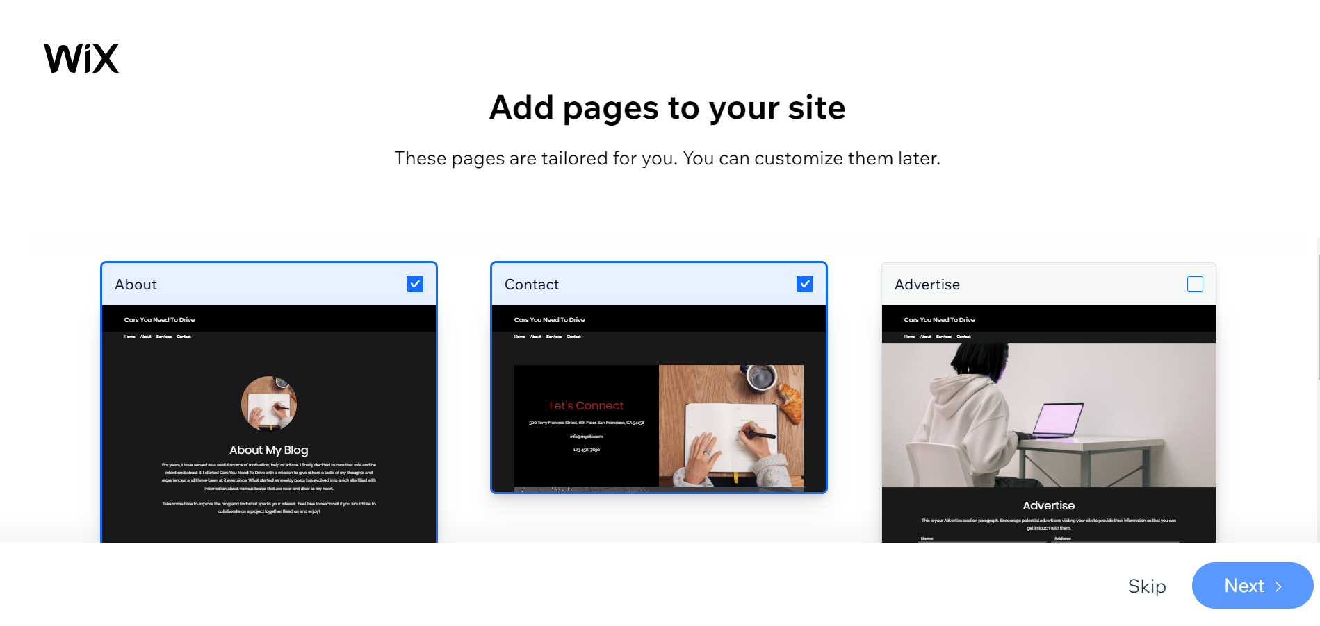 Wix ADI page suggestions
