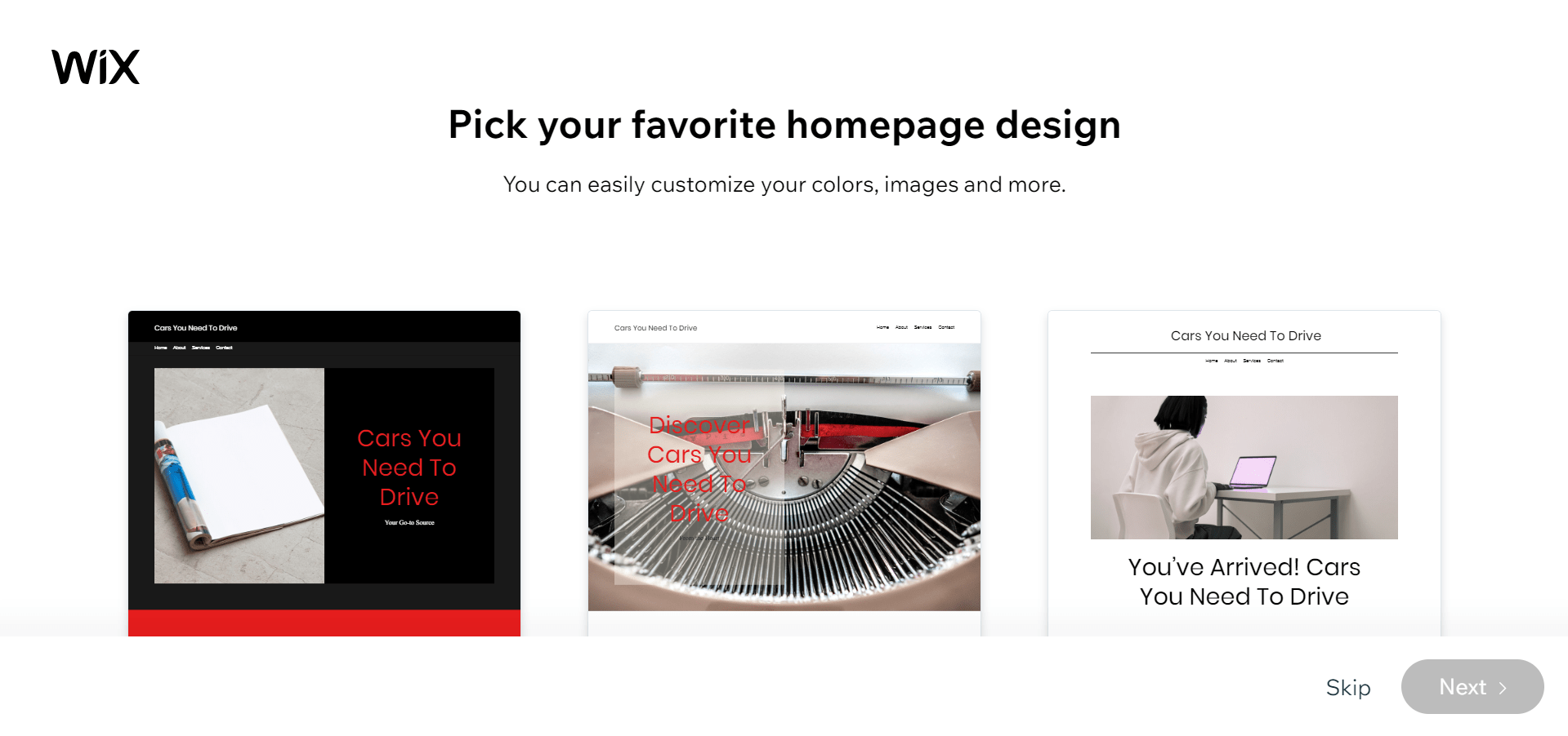 Wix choosing template set up stage
