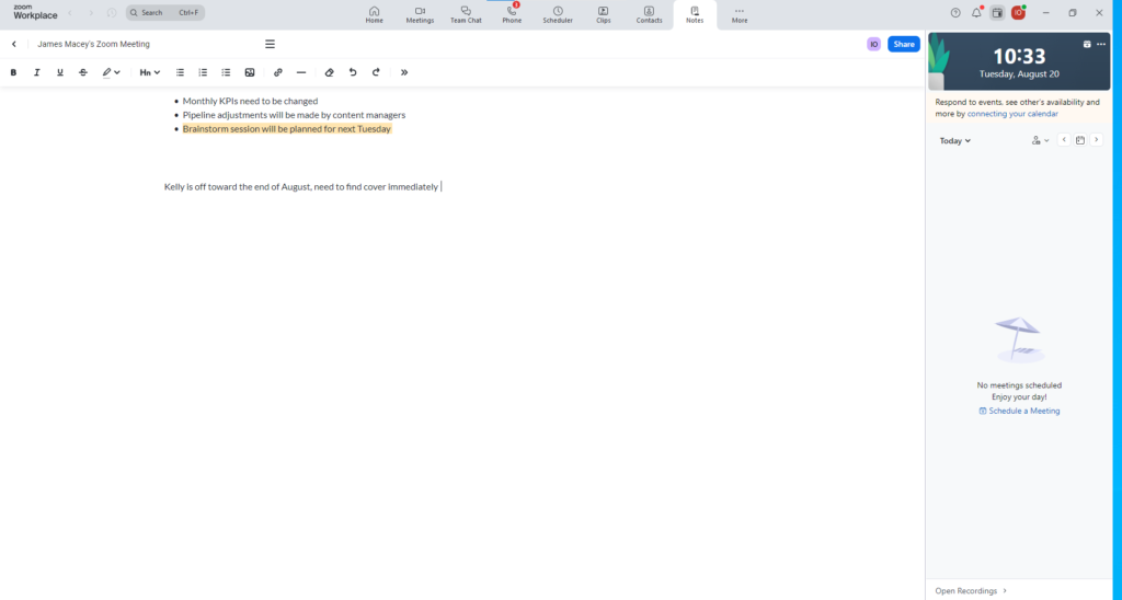 The notes feature in Zoom Phone. Source: Tech.co testing