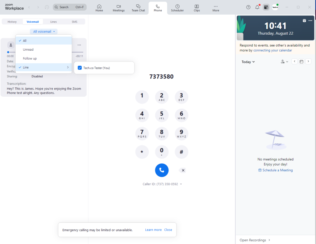 The Zoom Phone voicemail dashboard. Source: Tech.co testing