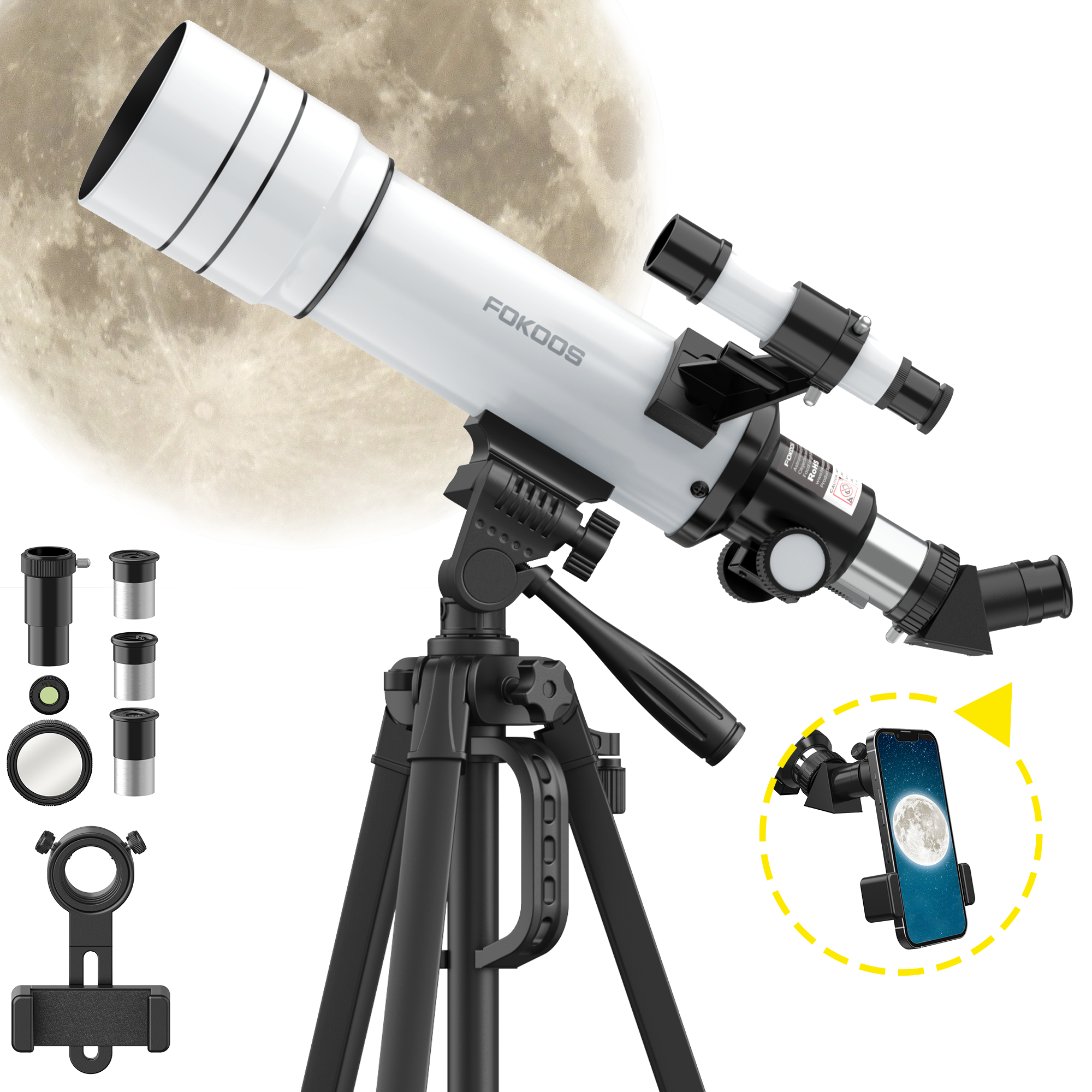 FOKOOS FT10 Telescope for Adults & Kids, 70mm Aperture 400mm AZ Fully Multi-Coated Mount Astronomical Refracting Telescope 20X-333X, Portable Tripod, Phone Adapter