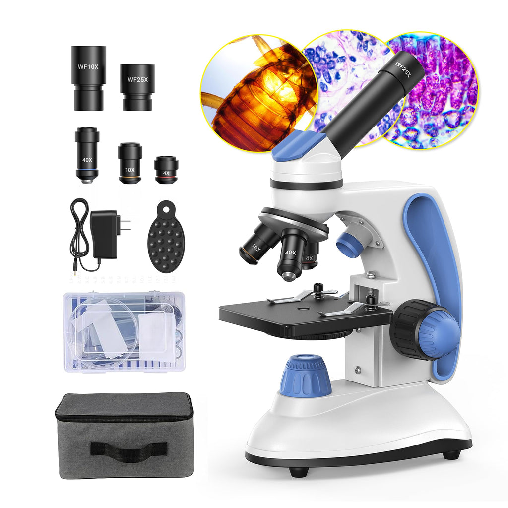 FOKOOS Microscope FD10,40X-1000X with 10pic Slides,Phone Adapter,Dual LED,Carrying Case,Binocular Compound Monocular Microscope kit for Kids Adults Students,Science School Lab Home Education